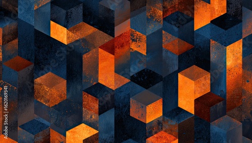 Abstract isometric pattern of dark blue and burnt orange cubes with a textured, metallic appearance