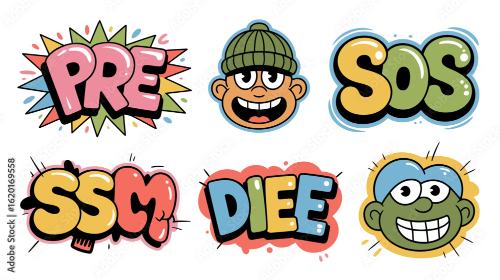 Obraz premium Graffiti style lettering and cartoon faces illustrations
