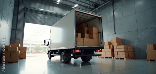 Modern warehouse with delivery truck loading boxed merchandise. Efficient logistics operation with stacked goods on pallets. Supply chain management, distribution center, and shipping handled.