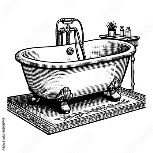 Bathtub sketch  engraving black and white outline. Scratch board imitation.  illustrated in vintage line art style on a white background.