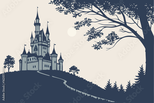 Enchanting fairytale castle on a rolling hill with a winding path and a silhouetted tree. A magical kingdom illustration.