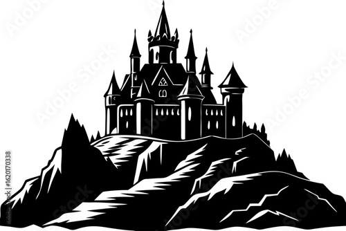 A majestic gothic castle silhouette standing on a rocky mountain. A dark, spooky fantasy fortress vector illustration for fairytale or horror themes.