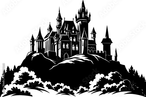 Black and white silhouette of a grand fantasy castle on a wooded hill. Gothic architectural concept of a magical, mysterious fortress.