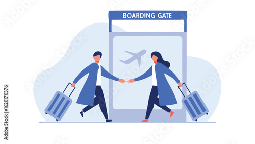 People with luggage walking towards boarding gate in airport terminal ready for their flight journey
