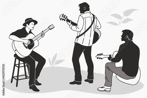 Three talented musicians playing acoustic guitars together during a band jam session. A minimalist black and white line art illustration of a musical group.