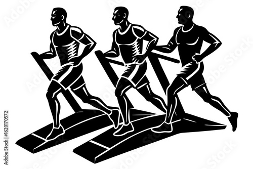 A black and white woodcut style illustration showing three male athletes engaged in synchronized cardio training on treadmills.