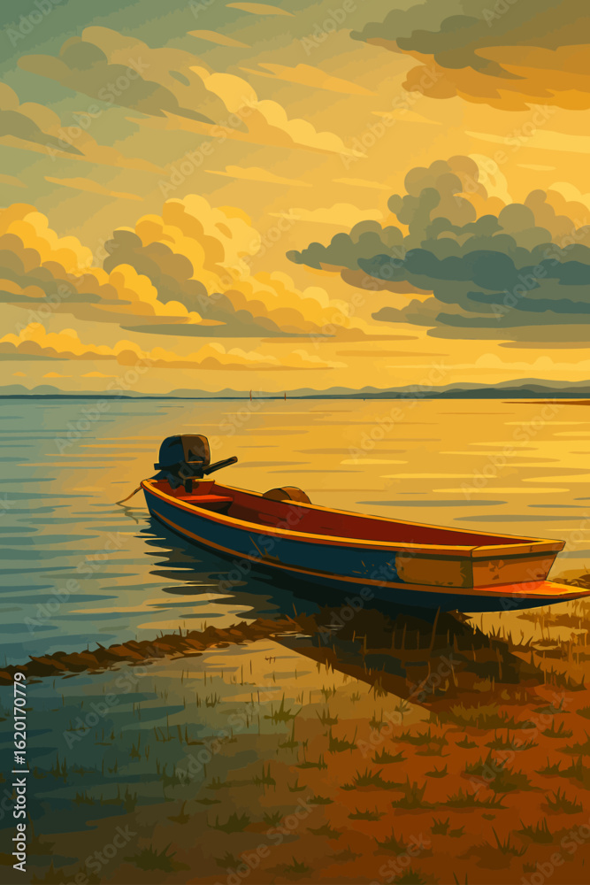 The image depicts a serene lakeside or coastal scene at sunset, illustrated in a painterly or digital art style. A small, wooden fishing boat with a blue and red hull and a motor attached is gently re The image depicts a serene lakeside or coastal scene at sunset, illustrated in a painterly or digital art style. A small, wooden fishing boat with a blue and red hull and a motor attached is gently re