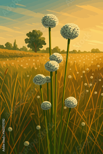 This illustration captures a peaceful rural field bathed in the warm light of sunset or late afternoon. In the foreground, tall green stems bear round, white puffball flowers, resembling dandelions or