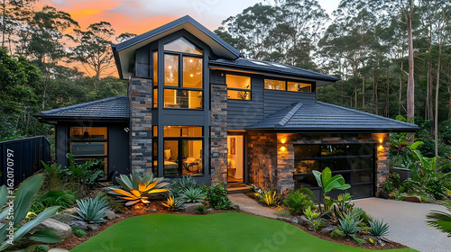 Modern house exterior at dusk stone and wood architecture design