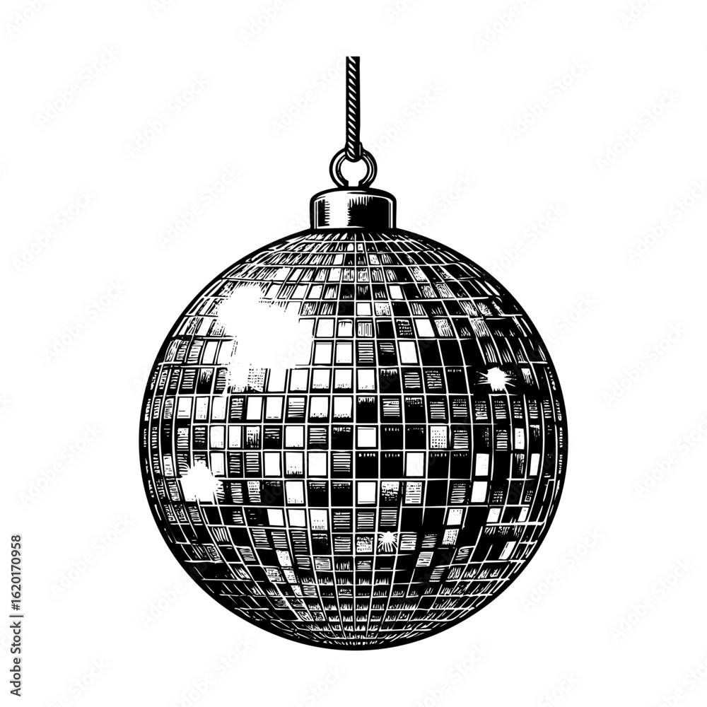 Obraz premium Disco ball sketch engraving black and white outline. Scratch board imitation. illustrated in vintage line art style on a white background.