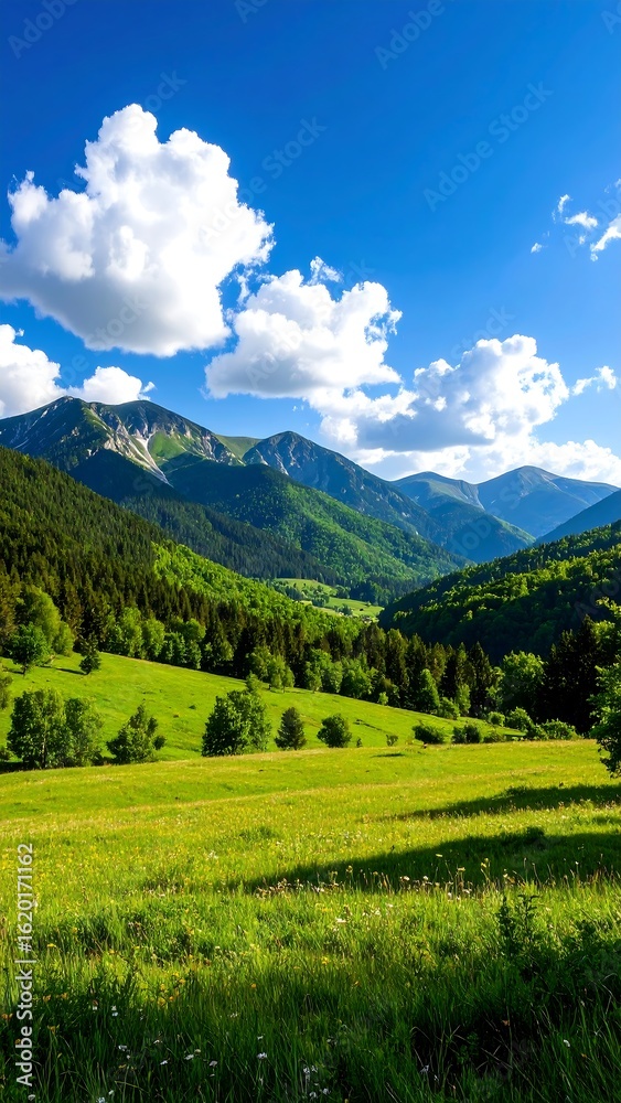 Fototapeta premium Lush green valley, mountains, blue sky