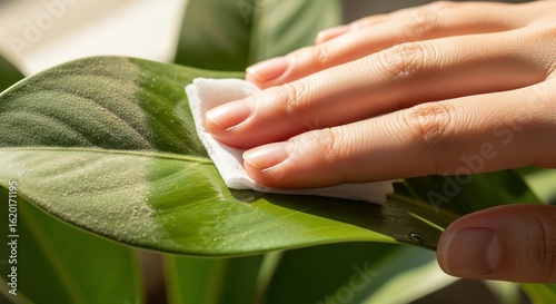 Close-up of a hand gently wiping dust from a vibrant green plant leaf