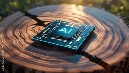 AI Chip Embedded on a Wooden Stump: A photorealistic depiction of a cutting-edge AI chip rests on a weathered wooden stump, nestled amidst a natural, sunlit environment.