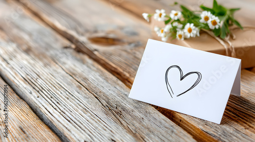 Greeting card with hand-drawn heart design placed on rustic wooden table alongside fresh flowers and wrapped gift, conveying love and affection. Selective focus