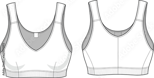 Comfortable seamless sports bra, front and back view, vector CAD drawing, flat illustration, activewear design, fitness top, breathable fabric