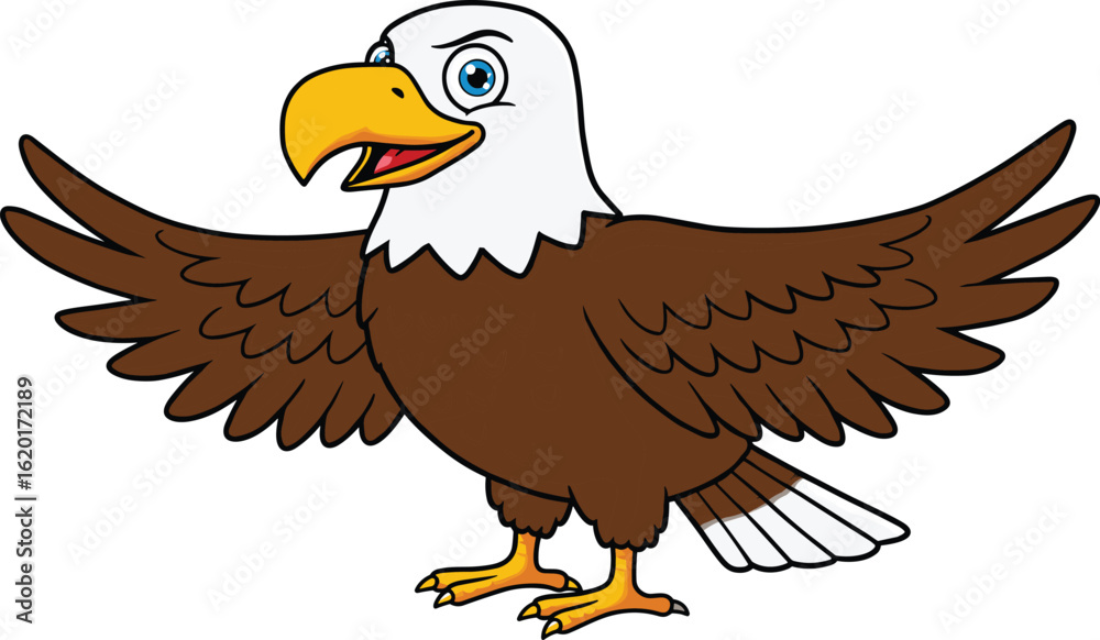 Obraz premium bald eagle, cartoon bird, flying eagle, eagle mascot, vector eagle, eagle drawing, animal illustration, eagle wings, eagle cartoon, smiling eagle, cartoon vector, bald bird, kids illustration,