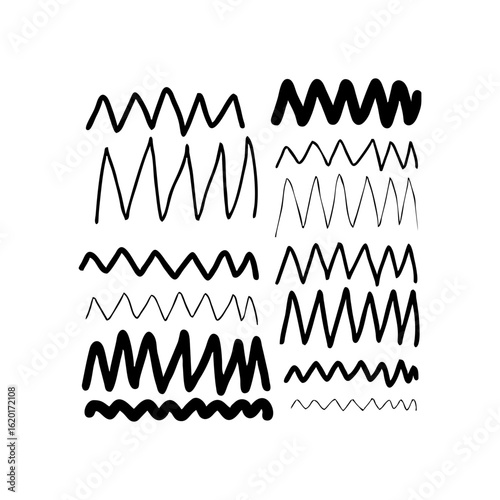 Black zigzag line stroke and wavy underline vector set in hand-drawn marker style on transparent background. Decorative sketch elements for notes, emphasis, and playful design.