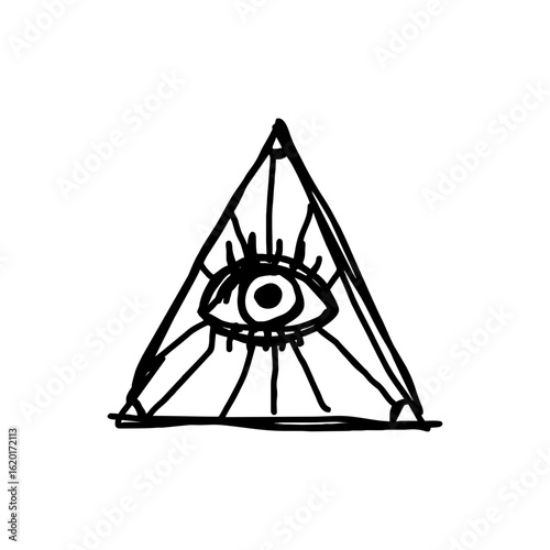 Black doodle of all seeing eye in pyramid – hand drawn mystic symbol for occult, witchy Halloween design, spiritual awakening, esoteric icon on transparent background