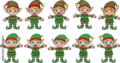 Cartoon Christmas elf characters in green costume, happy festive elves collection, winter holiday kid clipart, Santa's workshop vector art