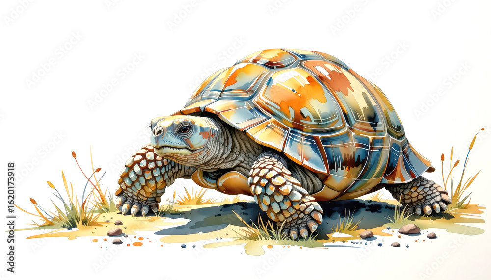 Obraz premium Charming watercolor illustration of a tortoise turtle in a lively natural setting capturing the essence of wildlife