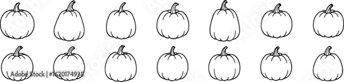 Outline pumpkin icons in various shapes and styles, ideal for coloring pages, DIY crafts, or Halloween carving templates