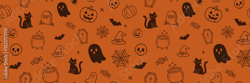Seamless Halloween pattern with spooky black doodles on an orange background. Features ghosts, pumpkins, bats, skulls, candy, cats, cauldrons, and more