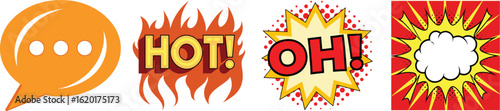 Comic Style Pop Art Icons - Speech Bubble, Hot Text, Oh Expression, Boom Blast Explosion - Colorful Vector Stickers for Designers


