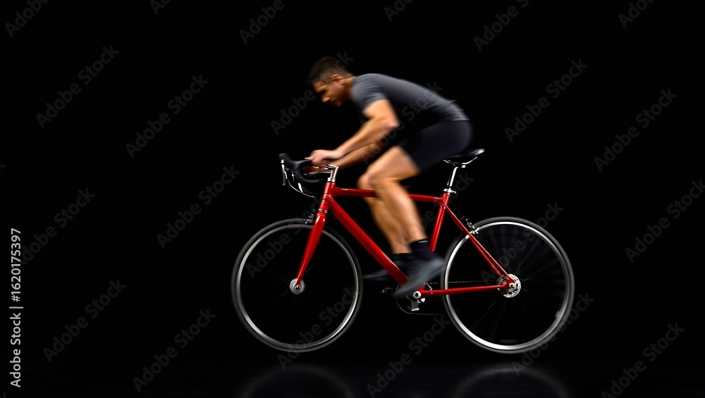 Fototapeta premium A blurred shot of a man riding a red bicycle against a black background