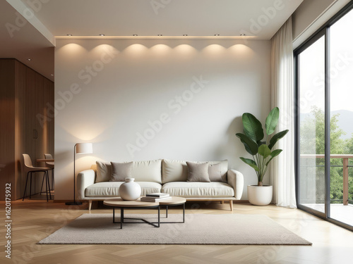 Salon moderne minimaliste avec canapé beige, lumière naturelle et plante verte dans un intérieur élégant