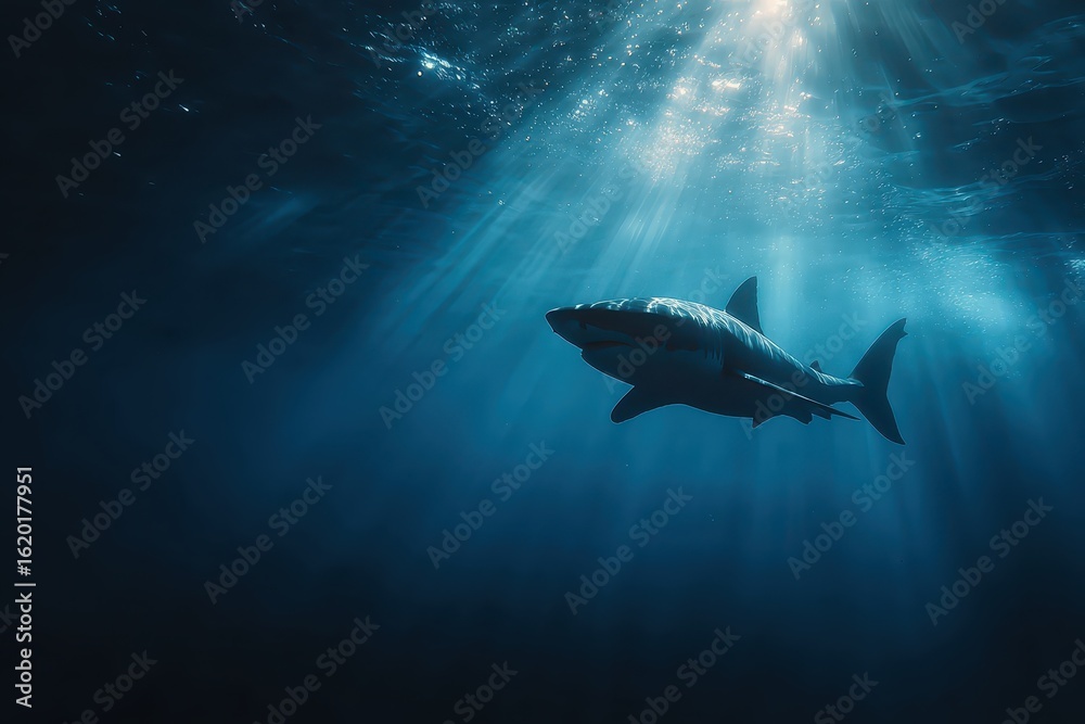 Fototapeta premium Great white shark swims gracefully through sunlit ocean depths. Evoke fear, power, or the mystery of marine life.