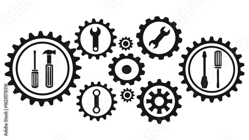 Set of simple line art icons for gears hammer and screwdriver