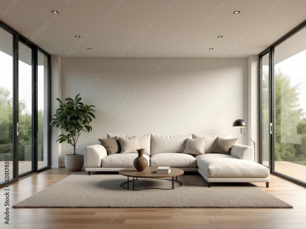 Fototapeta premium Salon moderne et lumineux avec canapé beige, décoration minimaliste et grandes baies vitrées élégantes