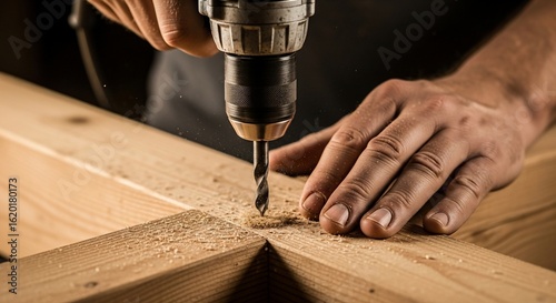 Close-up of hands using a drill to make a hole in wooden planks, creating sawdust.