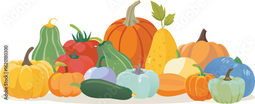 Fresh autumn fruits and vegetables like pumpkins and gourds decorate a vibrant harvest illustration