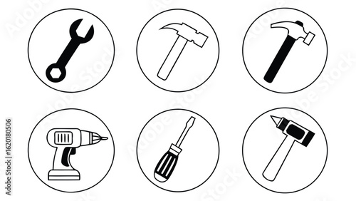Set of simple line art icons for gears hammer and screwdriver