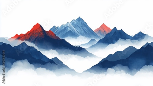 Watercolor snowy mountains peaks blue and red horizon with clouds
