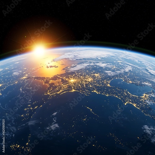 Planet Earth View From Space at Sunrise with City Lights