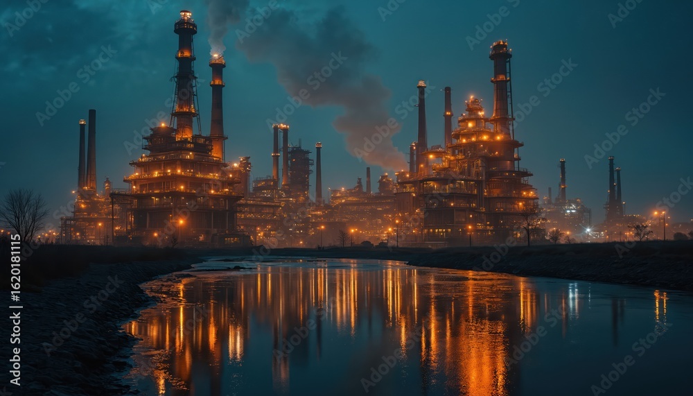 Naklejka premium Night scene of illuminated industrial complex featuring towering structures, pipes, smokestacks. Factory lights create warm glow reflected in water. Complex represents modern manufacturing, energy