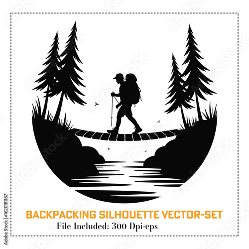 A Black Backpacking Silhouette Vector Art Set