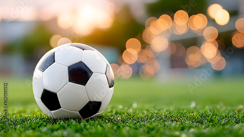 Soccer ball resting on lush green grass with blurred lights in the background, capturing the essence of outdoor sports and playful atmosphere. Selective focus