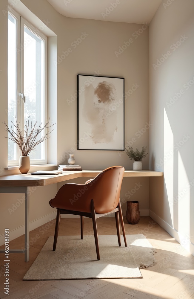 Fototapeta premium Modern minimalist home office featuring sleek leather chair at clean desk bathed in natural light. Productive workspace blends functionality, simplicity with contemporary decor. Features warm wood