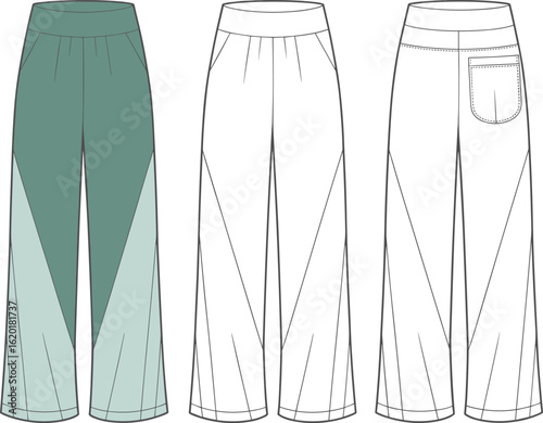 Geometric panel track pants flat vector, fashion CAD illustration, technical sketch for sportswear design, modern unisex garment template drawing