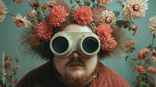 Surreal Cinematic Landscape with a Bearded Man in Glasses Surrounded by Dreamy Flowers and Epic Colors