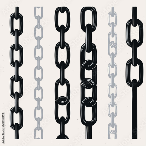 Distressed metal chains set with retro photocopy effect. Black monochrome design elements with grainy stippling texture.