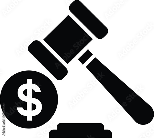Monochrome Legal Icon Featuring Gavel Striking Sound Block Beside Prominent Dollar Sign Representing Financial Judgment, Penalties, Auctions, and Economic Justice in Minimalist Style