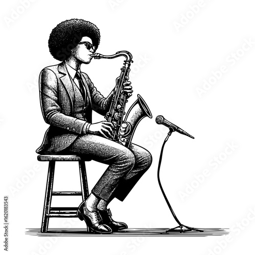 African man in suit playing saxophone sketch engraving black and white outline. Scratch board imitation.  illustrated in vintage line art style on a white background.