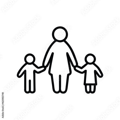 Single parent with two kids line art style white