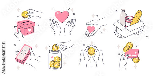 Character hands holding coins, banknotes, money jar, food box. Charity, donation, finance, humanitarian assistance concept set. Vector illustration.