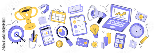 Laptop, megaphone, pencil, calendar, lightbulb and other marketing objects. Business, finance outline concept set. Vector illustration.