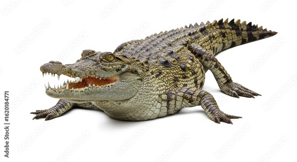 Naklejka premium Close-up of a smiling crocodile on white background with sharp teeth and textured skin details